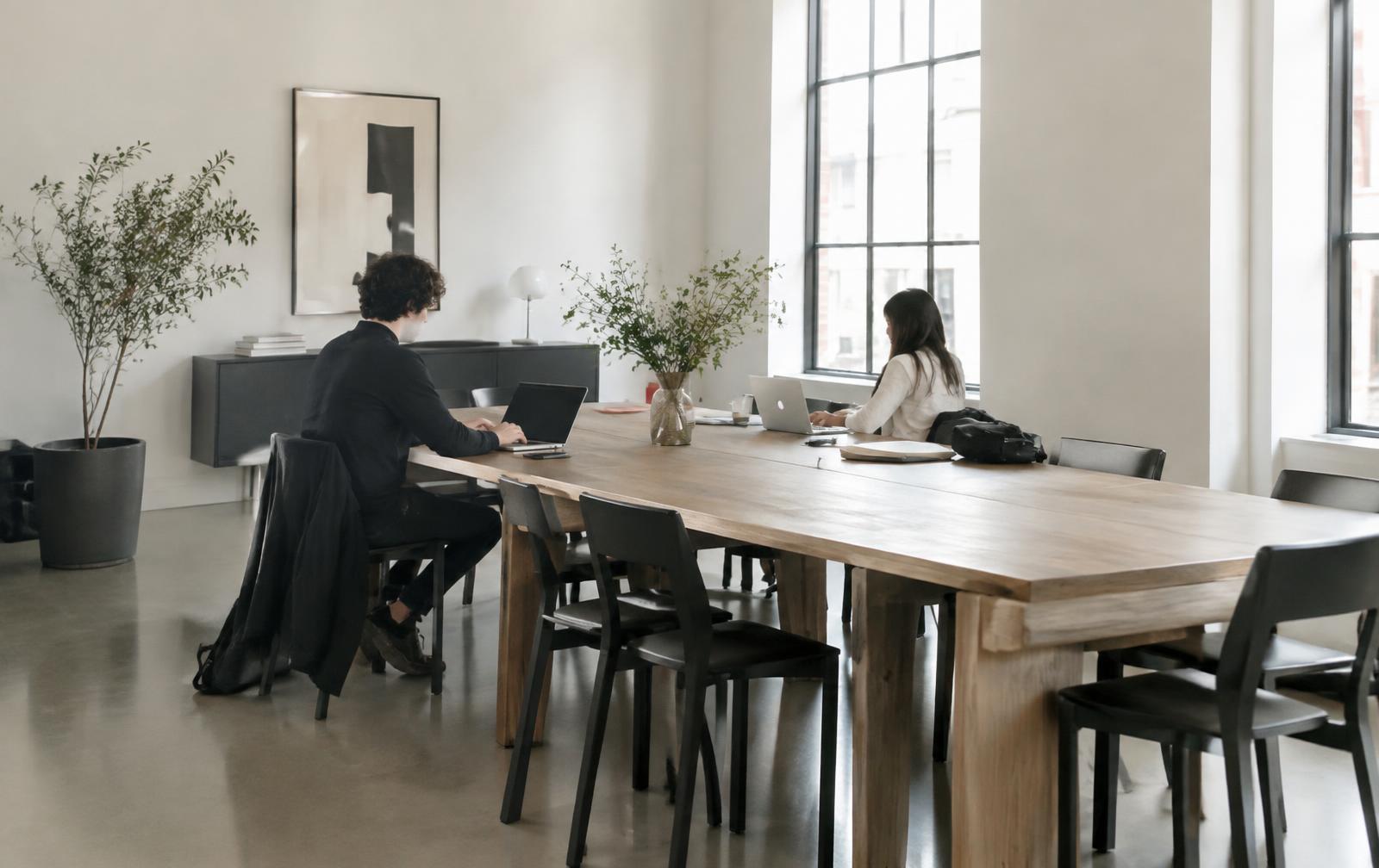 Two developers working on laptops at a long wooden table in a bright studio